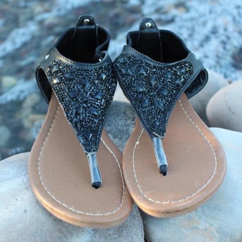 Black Thong Sandals Shoes Rhinestone Sparkle - Picture 2 of 6